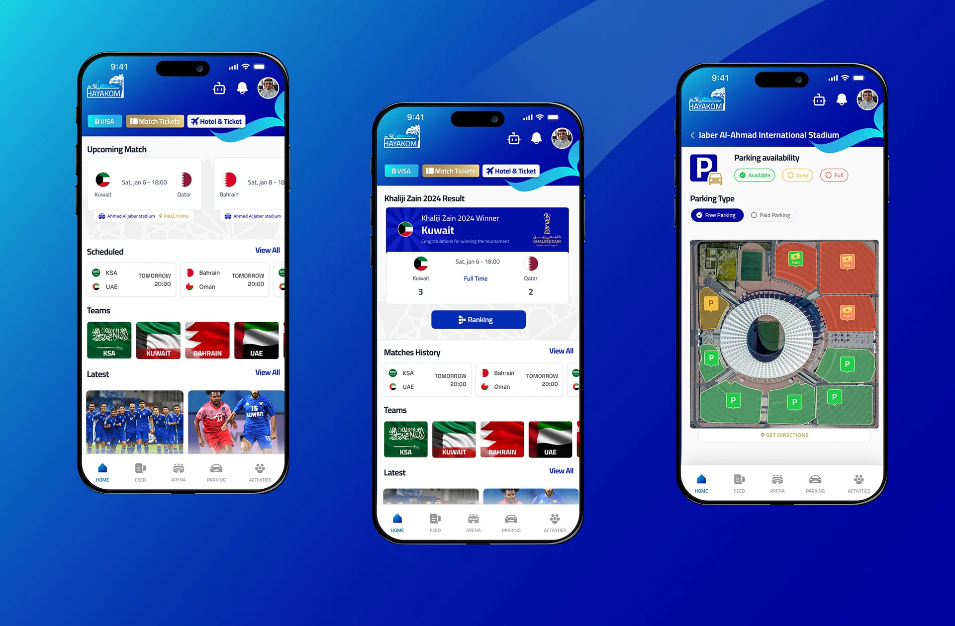 Hayakom app home screen showing live match scores and Kuwait football fixtures.
